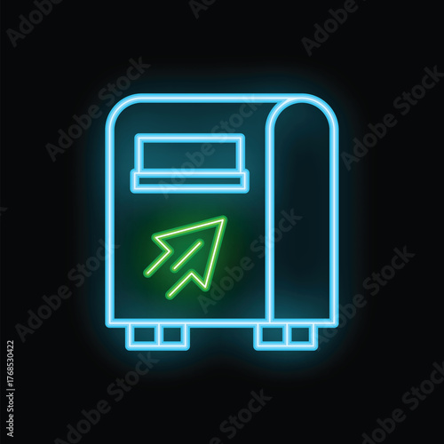 Neon mailbox icon glowing on dark background representing online messaging and communication