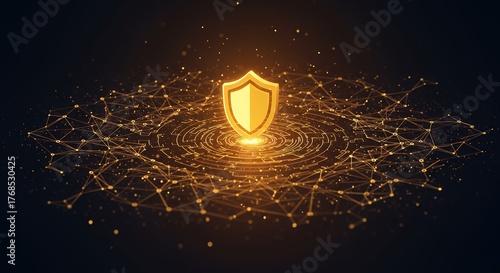 Digital Security Shield Protecting Data Network on Dark Background.