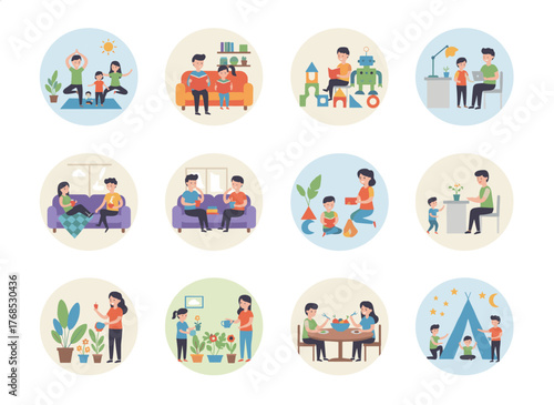 Illustration of parents assisting their children with homework, depicting the home learning environment where the family reads, plays football, and completes schoolwork, rendered as a flat cartoon