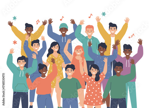 Flat vector illustration of a multicultural team, showcasing unity in diversity with cartoon characters of various nationalities and religions, symbolizing a multinational society and the concepts of
