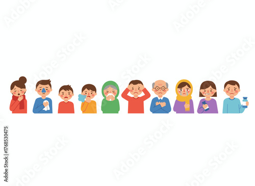 On a white background, smiling people are removing their face masks, signaling the end of the coronavirus epidemic and the lifting of quarantine, depicted in a flat cartoon vector illustration