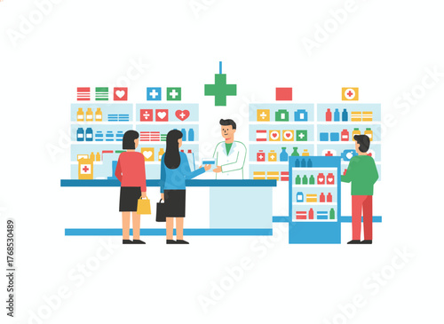 A fashionable woman purchases a remedy while consulting a pharmacist in a flat vector illustration of a drugstore, with various people queued in a modern pharmacy interior, and a male vendor