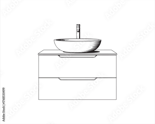 Modern bathroom vanity with vessel sink and faucet, clean line design
