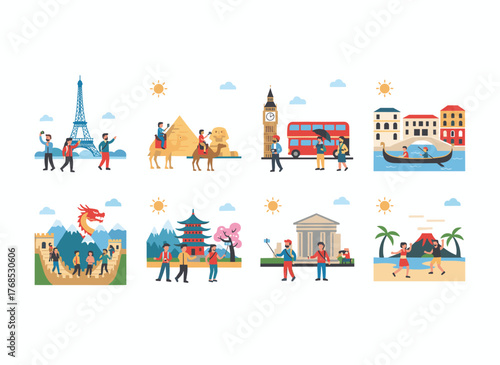 A flat vector illustration of a group of travelers sightseeing at iconic city landmarks, taking photos and selfies, set against a white background