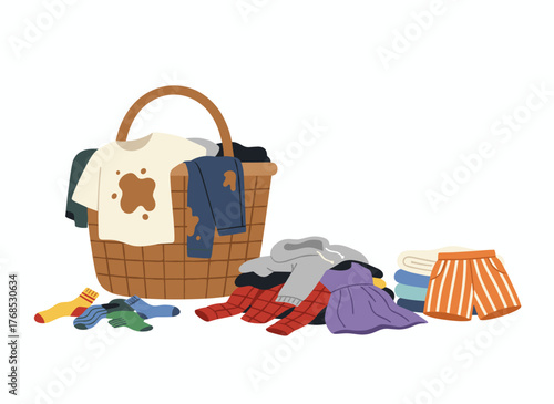 Set of flat vector illustrations featuring both dirty and clean clothes, including a laundry collection with a pile of washed garments, stained apparel in a basket, and isolated dirty jeans, t‑shirt