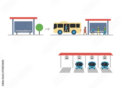 A collection of colorful cartoon bus stations on a white background, featuring a passenger at a stop with various transfer vector flat illustrations, encompassing suburban, city, and international