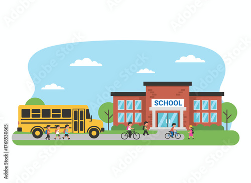 A flat vector illustration on a white background shows a schoolhouse with a yellow bus parked at its entrance, children walking on the street toward the school, and kids playing in the schoolyard