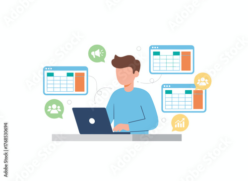 A man working with large data sets and databases on a laptop, using Excel tables to analyze and report, shown as a flat vector illustration on a white background