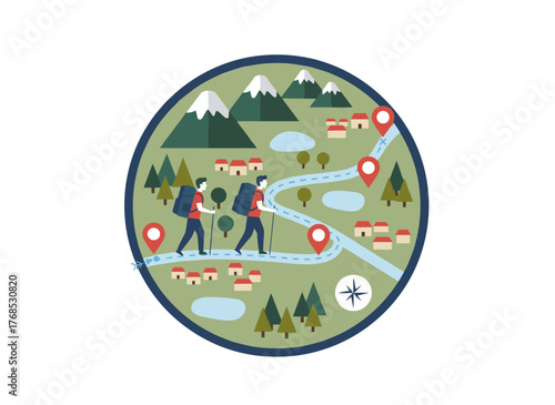 Hikers walk and trek through nature, while a couple of tiny travelers with backpacks follow a map, depicting travel, adventure, sport orienteering, tourism, and route concepts in a flat vector