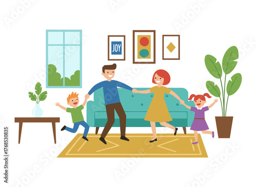 A cheerful family dancing and enjoying themselves at home in a flat vector illustration, with parents and children clapping and showcasing dance moves, all happily active together