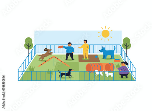 Humorous people interacting with dogs in playgrounds, yards, or parks, while joyful men and women train domestic animals outdoors and owners stroll with their playful pets, depicted in a flat