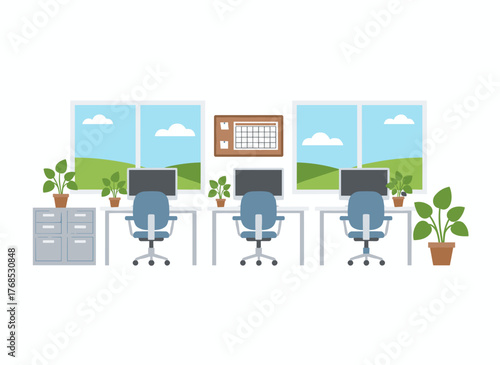 Interior of a police station’s office, featuring an empty detective bureau investigation department, with furniture, a confidential evidence board, and computer desks, rendered as a flat vector