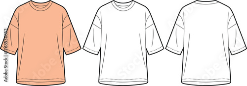 Loose-fit T-shirt illustration, peach and outline versions, short-sleeve design template, fashion flat sketch, round neckline vector, garment construction layout