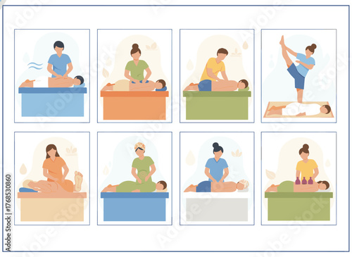 Flat vector illustrations depict massage therapists working, patients lying on a couch enjoying relaxing treatments, and physiotherapists practicing various massage styles as isolated cartoon