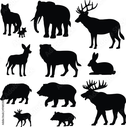 Wild animal silhouettes, forest creatures, black shapes, antlered mammals, tusked elephant, predator icons, nature grid, animal diversity, anatomy study, wildlife reference