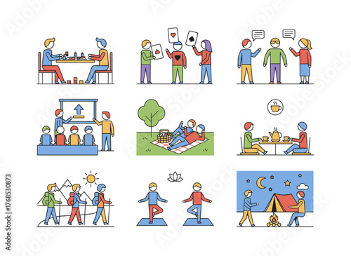 A vibrant flat cartoon vector illustration depicting a group of cheerful, smiling people gathered around a table playing board or tabletop games, a casual home pastime for friends or family