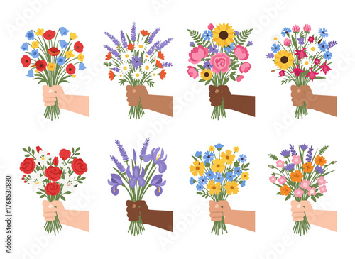 A set of hands clutching bouquets or bunches of blooming flowers, featuring floral decorative elements isolated on a white background, presented as an elegant summer gift collection in flat vector