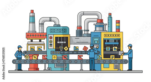 Automated production line with skilled workers overseeing manufacturing processes in a modern industrial factory setting. Efficient assembly and packaging operations