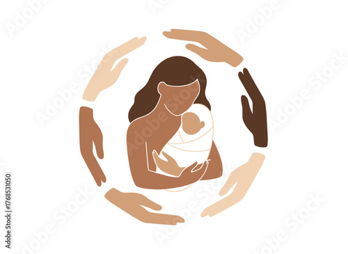 A colorful flat vector illustration depicting the support and protection of young single mothers with babies, emphasizing family and societal help for happy, safe motherhood