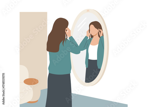 A young woman with long hair stands before a mirror, admiring her reflection as she dresses, depicted as a female cartoon character in a colorful flat‑style vector illustration