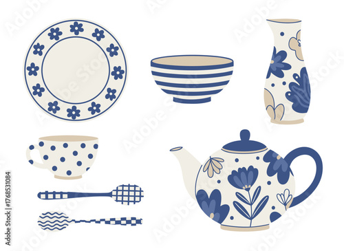 A set of contemporary ceramic kitchenware—cups, dishes, bowls, pitchers—depicted as decorative tableware against a white backdrop in a flat cartoon vector illustration