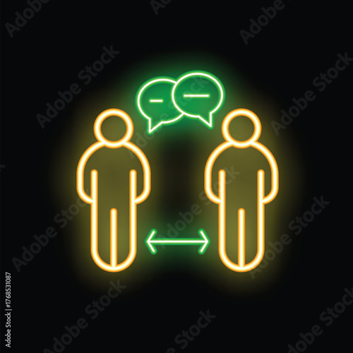 Neon sign representing two people having a conversation while maintaining social distancing