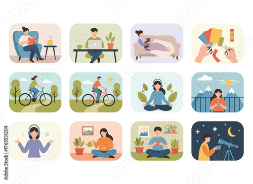 A group of individuals indulging in hobbies such as home gardening, papercraft, bushcraft, reading books, customizing motorcycles, calligraphy, fashion blogging, and knitting, depicted in a flat