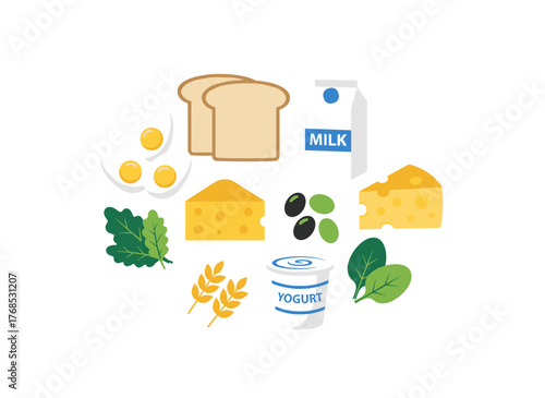 A healthy food set featuring bread, flour, dairy products, olive oil, butter, milk, cheese, curds, eggs, and sour cream, illustrated as a colored flat vector of groceries on a white background