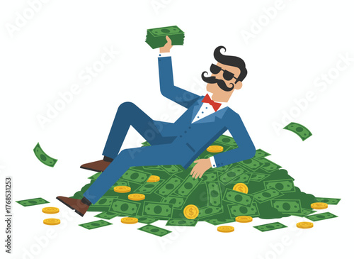 A wealthy man in sunglasses lounges atop a pile of cash and coins in a flat vector illustration, raising a bundle of money to showcase his financial success, isolated on a white background