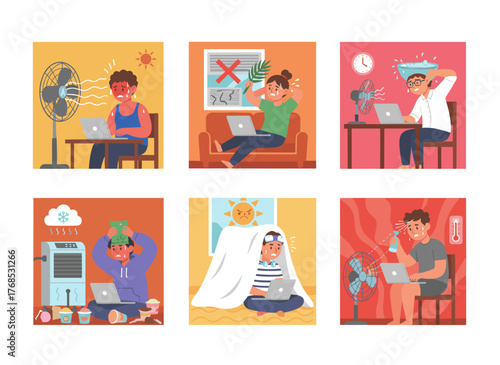 Individuals laboring in hot environments, relying on air conditioning and fans both at home and in the workplace, experience overheating and fatigue, illustrating workplace climate control in a flat