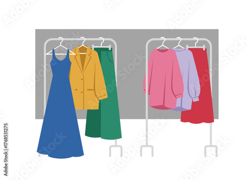 Secondhand garments displayed on racks and hanger rails, mixed on sale, with assorted leftover apparel in  shops and charity markets, illustrated as an isolated colored flat vector of clothing