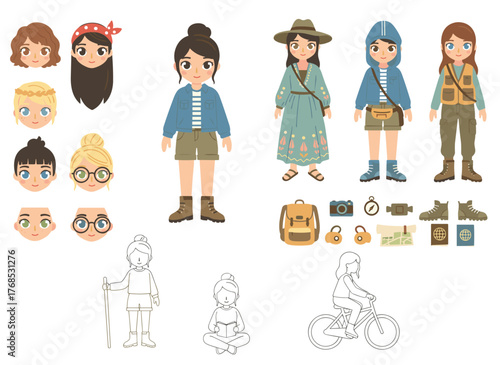 DIY kit for a traveling girl builder, featuring a set of female tourist body parts, poses, clothing, and travel gear isolated on a white background, rendered as a colorful flat cartoon vector