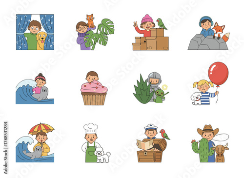 A scene of people spying, observing, and sneaking; characters peeping from behind shrubs and windows; men, women, and pets peeking, looking out, and searching; all rendered as flat vector