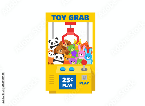A claw crane machine or teddy picker set against a white background, featuring plush toys inside, a gaming device for kids' entertainment, rendered as a colorful flat cartoon vector illustration