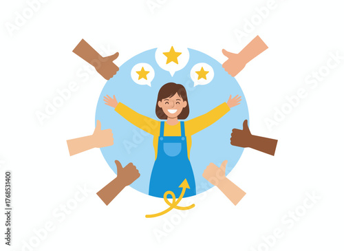 A bright young woman encircled by hand gestures of thumbs up, symbolizing public approval, audience acknowledgment, positive sentiment, and recognition, depicted as a colored vector illustration in a