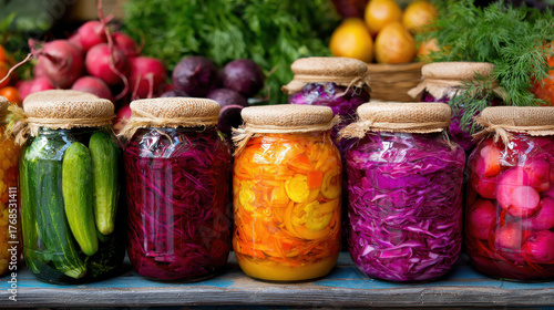 Vibrant display of colorful fermented foods in jars, showcasing various vegetables like cucumbers, carrots, and cabbage