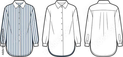 Striped button-up shirt illustration, front and back views, fashion flat sketch, classic collar design, garment construction vector, apparel layout, clothing blueprint