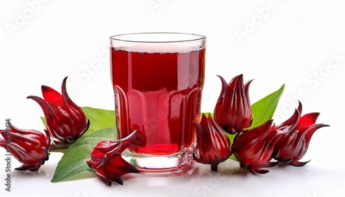 glass of roselle juice or jamaica sorrel with roselle fruits isolated on white background