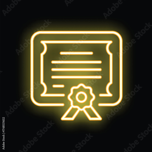 Neon yellow icon of a certificate glowing on a black background