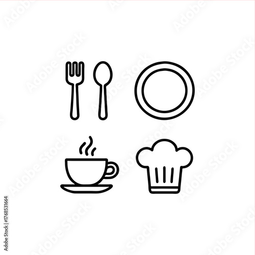 Restaurant essentials simple icon set, fork, spoon, plate, hot drink, chef's hat, for food blog or menu design, elegant culinary symbol pack, modern kitchen elements
