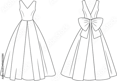 Formal dress with deep V-neckline, dramatic bow back, fitted bodice, full skirt, elegant fashion sketch, flat vector garment illustration