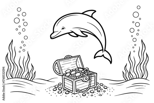 Dolphin leaps above open treasure chest filled with gold and jewels, on ocean floor with bubbles and seaweed. Monochrome illustration, great for coloring