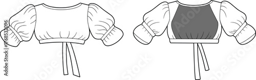 Cropped blouse fashion sketch, puff sleeves with waist tie, contrast panel design, gathered fabric detail, cad drawing flat vector illustration