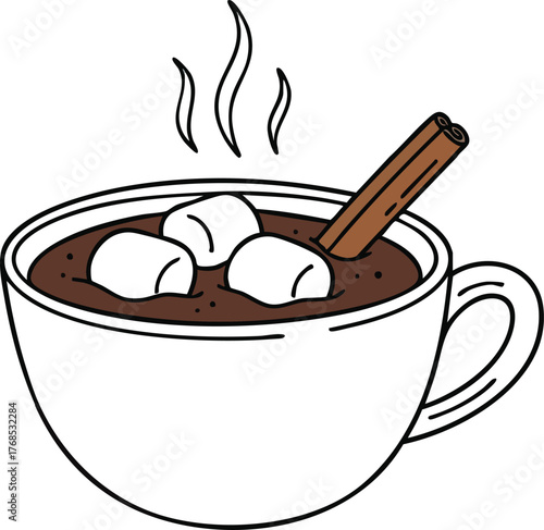 Warm cup of hot chocolate with marshmallows and cinnamon stick.