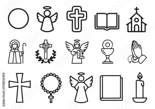 Collection of religious symbols and icons including crosses angels bible church rosary and candle outline graphics