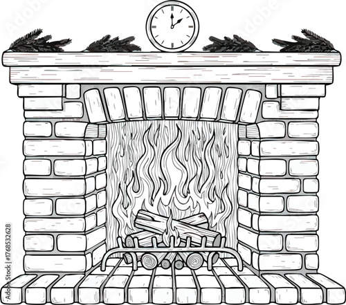 Detailed Fireplace Illustration with Clock and Decorations.