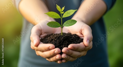 A young plant with vibrant green leaves is gently cradled in a pair of human hands.