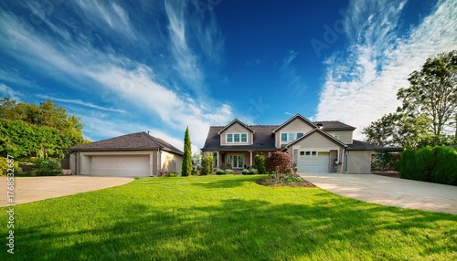a beautiful suburban home with a large green lawn under a blue sky
