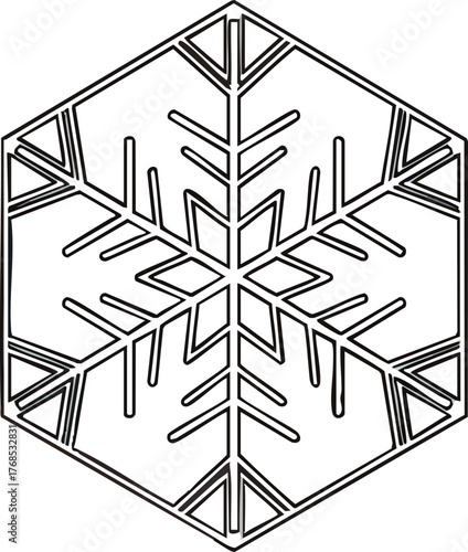Simple black and white line art of a hexagonal snowflake.