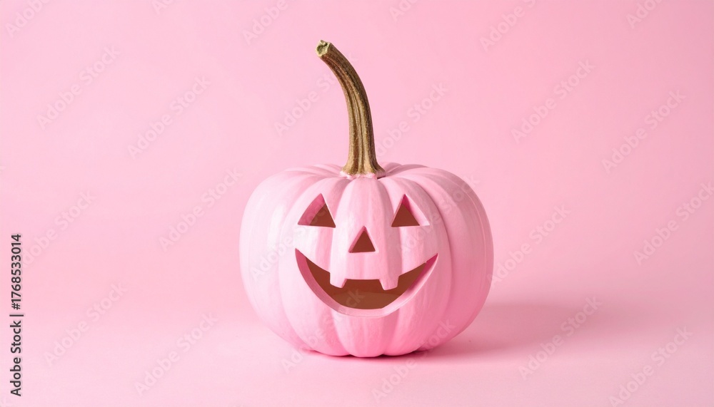 Obraz premium Pink Jack-o'-Lantern Pumpkin with Gold Stem on Monochromatic Background